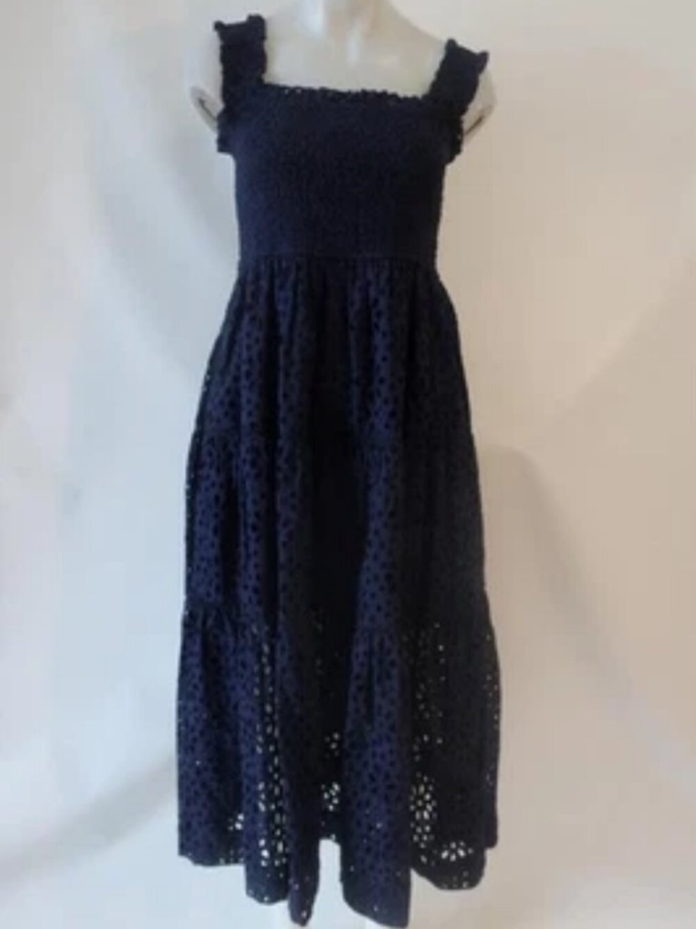Womens Change of Scenery Navy Blue (Item-102) Smock Eyelet Strappy Midi Dress XS